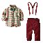 Plaid Shirt Top + Wine Red Overalls+Tie+Strap